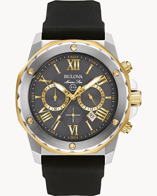 Bulova Marine Star Men's Grey Dial Chronograph Black Strap Watch